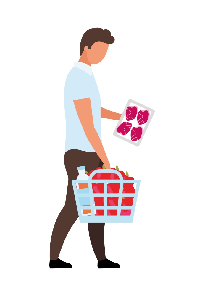 Male consumer choosing meat package semi flat color vector character. Full body person on white. Visit to supermarket isolated modern cartoon style illustration for graphic design and animation. Male consumer choosing meat package semi flat color vector character