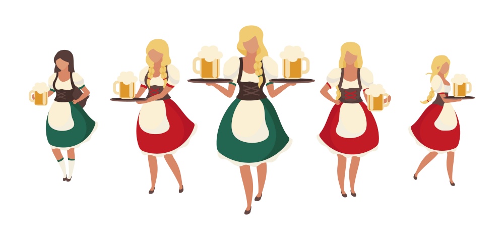 Female Oktoberfest beer servers semi flat color vector characters. Full body people on white. Waitresses wearing dirndls isolated modern cartoon style illustration for graphic design and animation. Female Oktoberfest beer servers semi flat color vector characters