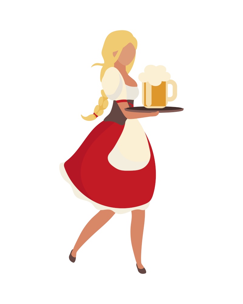 Blonde woman wearing barmaid dress semi flat color vector character. Walking figure. Full body person on white. Beer girl isolated modern cartoon style illustration for graphic design and animation. Blonde woman wearing barmaid dress semi flat color vector character