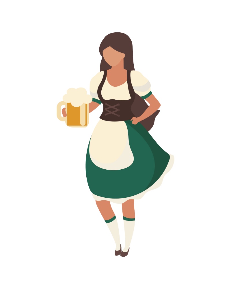 Brunette barmaid with beer glass semi flat color vector character. Full body person on white. Octoberfest costume isolated modern cartoon style illustration for graphic design and animation. Brunette barmaid with beer glass semi flat color vector character