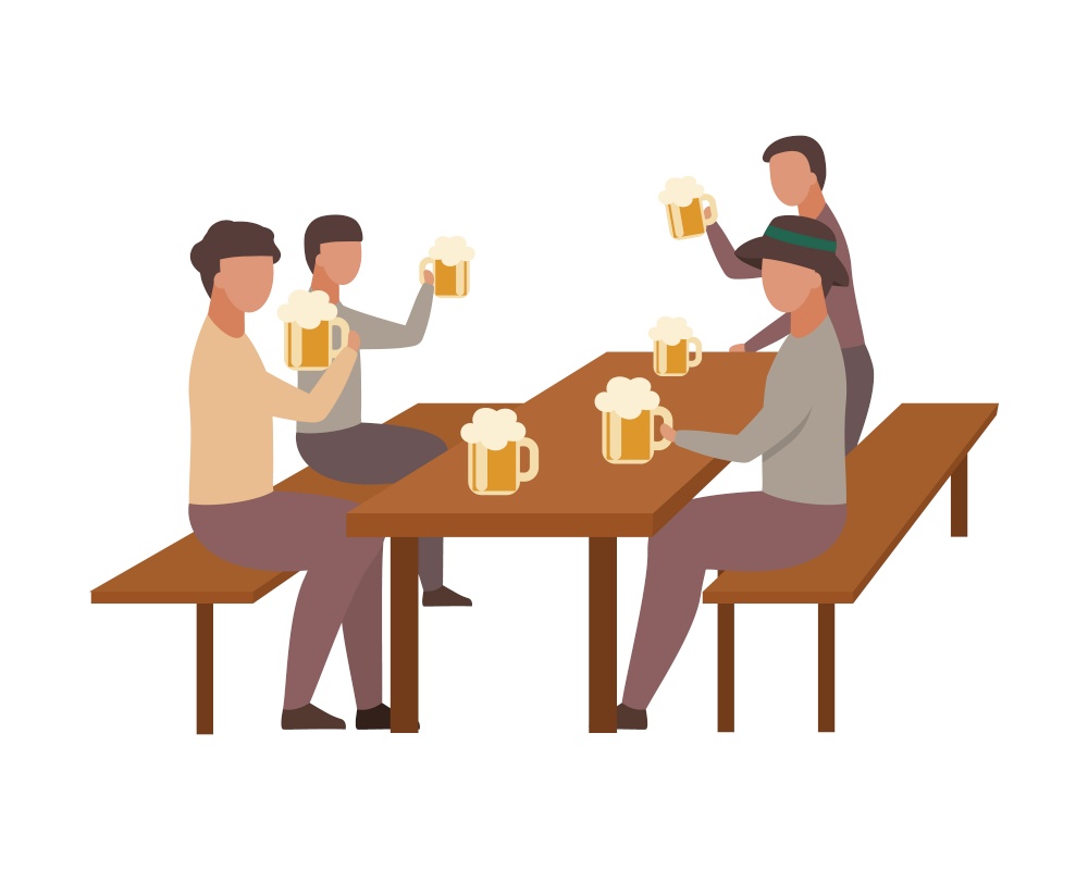 Men celebrating beer festival semi flat color vector characters. Full body people on white. Drinking beer at Oktoberfest isolated modern cartoon style illustration for graphic design and animation. Men celebrating beer festival semi flat color vector characters