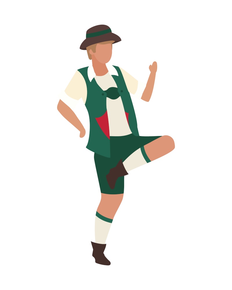Dancing man in lederhosen semi flat color vector character. Full body person on white. Participating in folk dance isolated modern cartoon style illustration for graphic design and animation. Dancing man in lederhosen semi flat color vector character