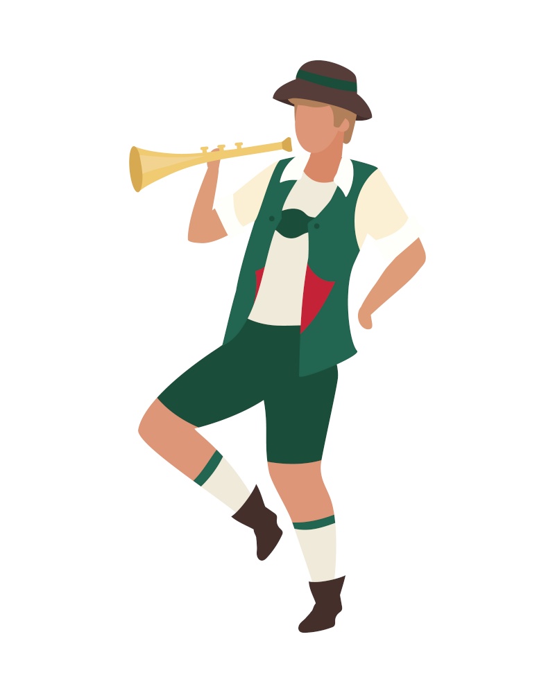 Bavarian man with trumpet semi flat color vector character. Full body person on white. Oktoberfest entertainment isolated modern cartoon style illustration for graphic design and animation. Bavarian man with trumpet semi flat color vector character