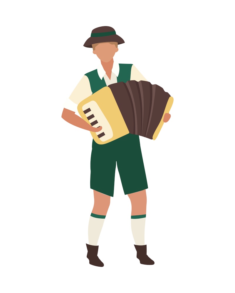 Oktoberfest participant playing accordion semi flat color vector character. Full body person on white. Accordionist isolated modern cartoon style illustration for graphic design and animation. Oktoberfest participant playing accordion semi flat color vector character