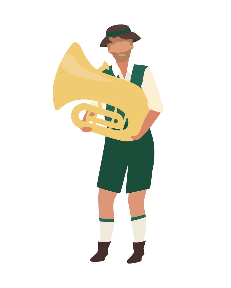 Man in lederhosen playing tuba semi flat color vector character. Full body person on white. Traditional Oktoberfest music isolated modern cartoon style illustration for graphic design and animation. Man in lederhosen playing tuba semi flat color vector character