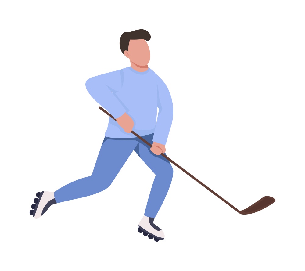 Man playing hockey on roller skates semi flat color vector character. Full body person on white. Participate in hockey game isolated modern cartoon style illustration for graphic design and animation. Man playing hockey on roller skates semi flat color vector character