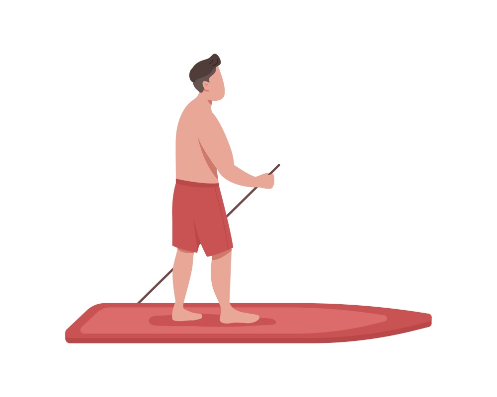 Man swimming to paddleboard semi flat color vector character. Standing figure. Full body person on white. Outdoor activity isolated modern cartoon style illustration for graphic design and animation. Man swimming to paddleboard semi flat color vector character