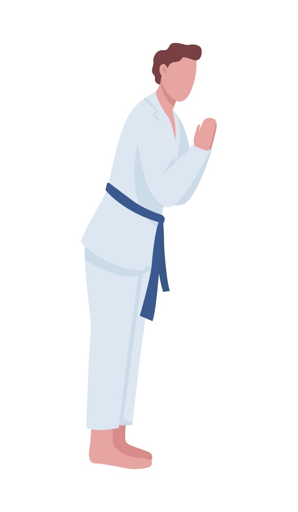 Man practicing judo in dojo semi flat color vector character. Posing figure. Full body person on white. Learning martial art isolated modern cartoon style illustration for graphic design and animation. Man practicing judo in dojo semi flat color vector character