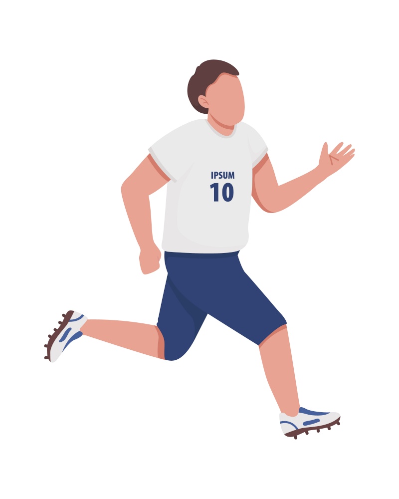 Running soccer player semi flat color vector character. Full body person on white. Boy wearing uniform and shoes with spikes isolated modern cartoon style illustration for graphic design and animation. Running soccer player semi flat color vector character