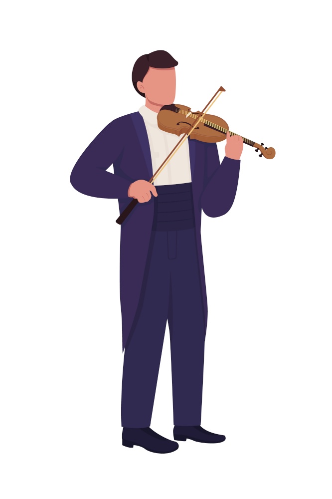 Man playing violin with bow semi flat color vector character. Full body person on white. Violinist in classic tailcoat isolated modern cartoon style illustration for graphic design and animation. Man playing violin with bow semi flat color vector character