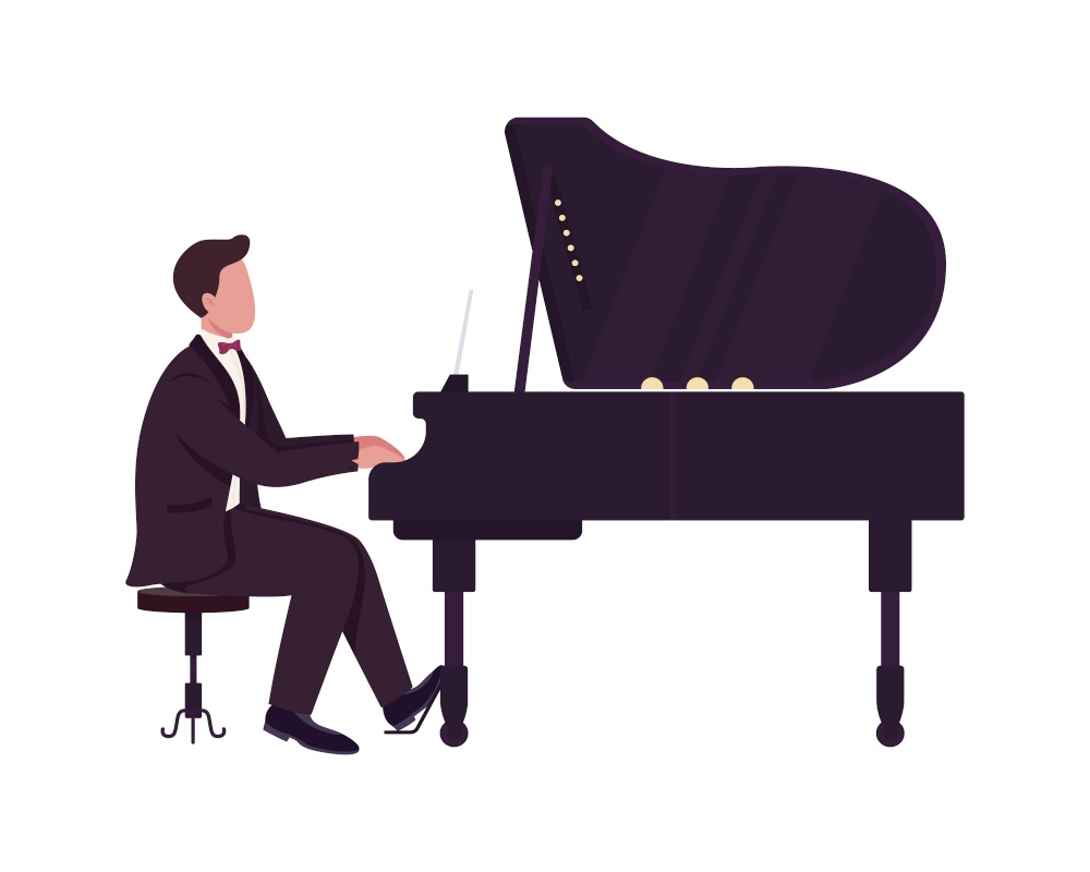 Young man playing grand piano semi flat color vector character. Full body person on white. Pianist performance isolated modern cartoon style illustration for graphic design and animation. Young man playing grand piano semi flat color vector character