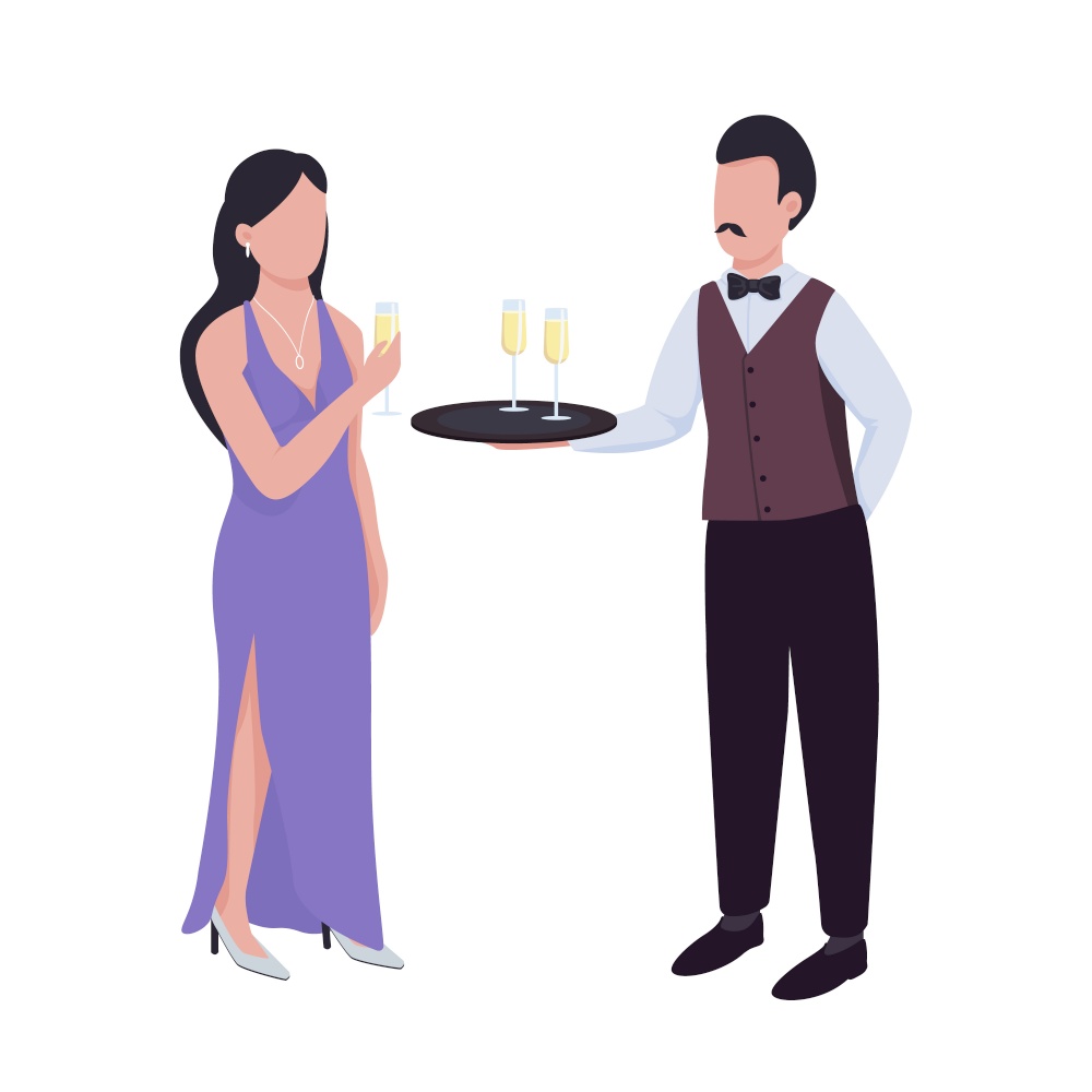 Waiter serving sparkling wine to lady semi flat color vector characters. Full body people on white. Formal evening party isolated modern cartoon style illustration for graphic design and animation. Waiter serving sparkling wine to lady semi flat color vector characters
