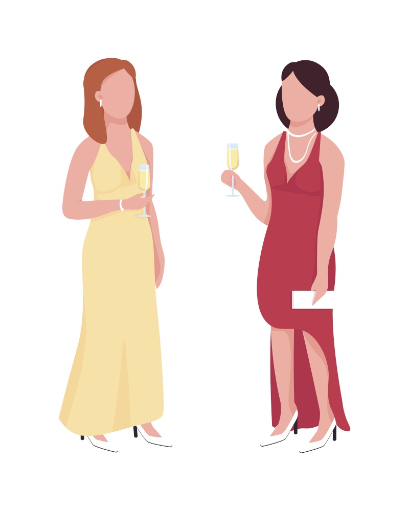 Beautiful ladies attending formal event semi flat color vector characters. Full body people on white. Wedding party isolated modern cartoon style illustration for graphic design and animation. Beautiful ladies attending formal event semi flat color vector characters
