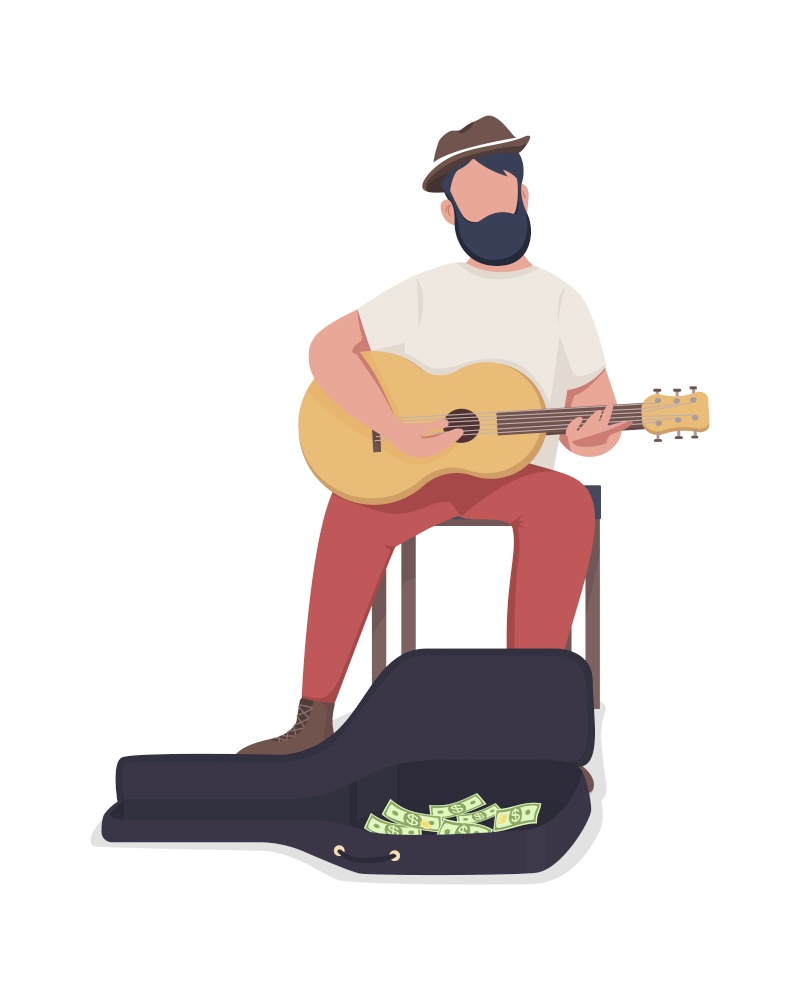 Street musician with guitar semi flat color vector character. Full body person on white. Performing for money isolated modern cartoon style illustration for graphic design and animation. Street musician with guitar semi flat color vector character