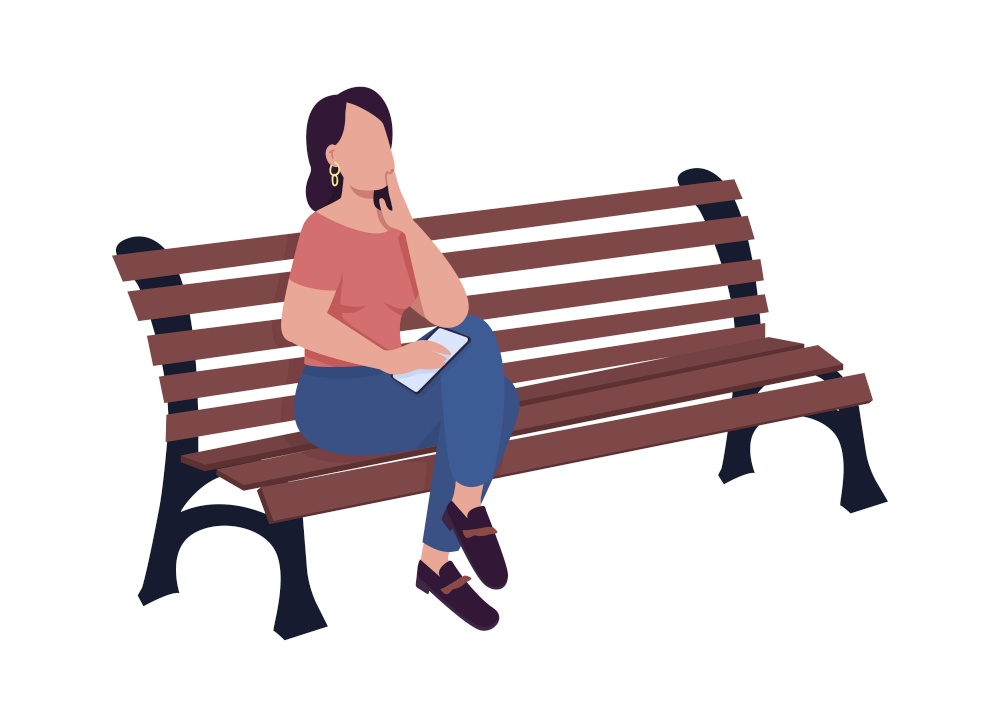 Young woman waiting for someone on bench semi flat color vector character. Full body person on white. Girl waiting for date isolated modern cartoon style illustration for graphic design and animation. Young woman waiting for someone on bench semi flat color vector character