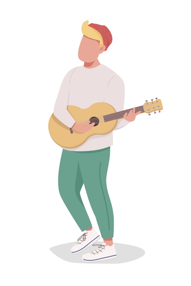 Boy playing guitar semi flat color vector character. Posing figure. Full body person on white. Live musician performance isolated modern cartoon style illustration for graphic design and animation. Boy playing guitar semi flat color vector character