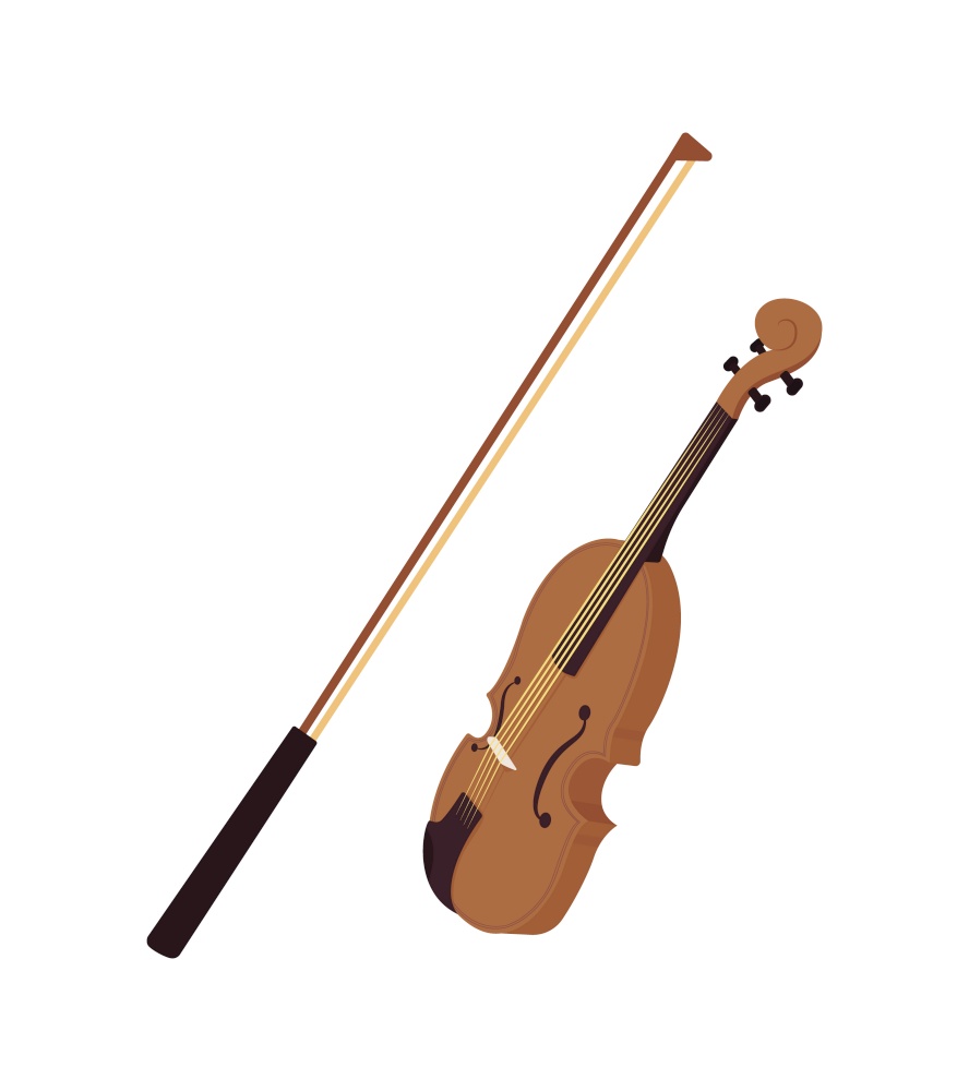 Violin with bow semi flat color vector object. Full sized item on white. String instrument for live performance isolated modern cartoon style illustration for graphic design and animation. Violin with bow semi flat color vector object