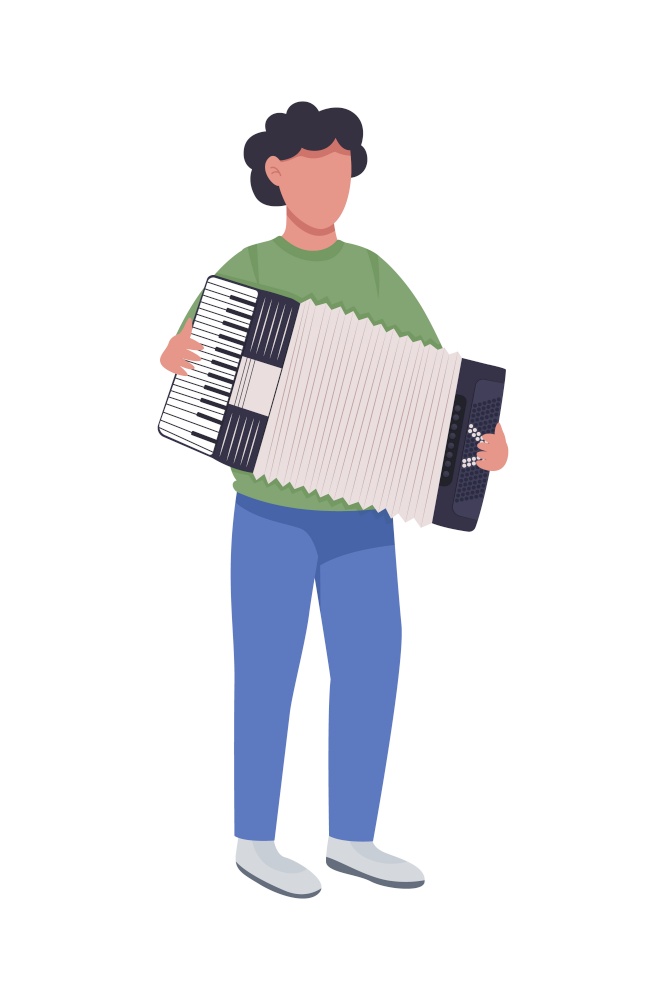 Man playing accordion semi flat color vector character. Full body person on white. Accordionist with musical instrument isolated modern cartoon style illustration for graphic design and animation. Man playing accordion semi flat color vector character