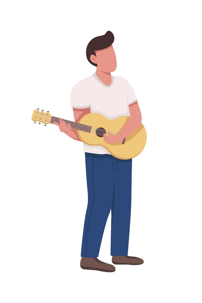 Young man with acoustic guitar semi flat color vector character. Full body person on white. Guitarist playing instrument isolated modern cartoon style illustration for graphic design and animation. Young man with acoustic guitar semi flat color vector character