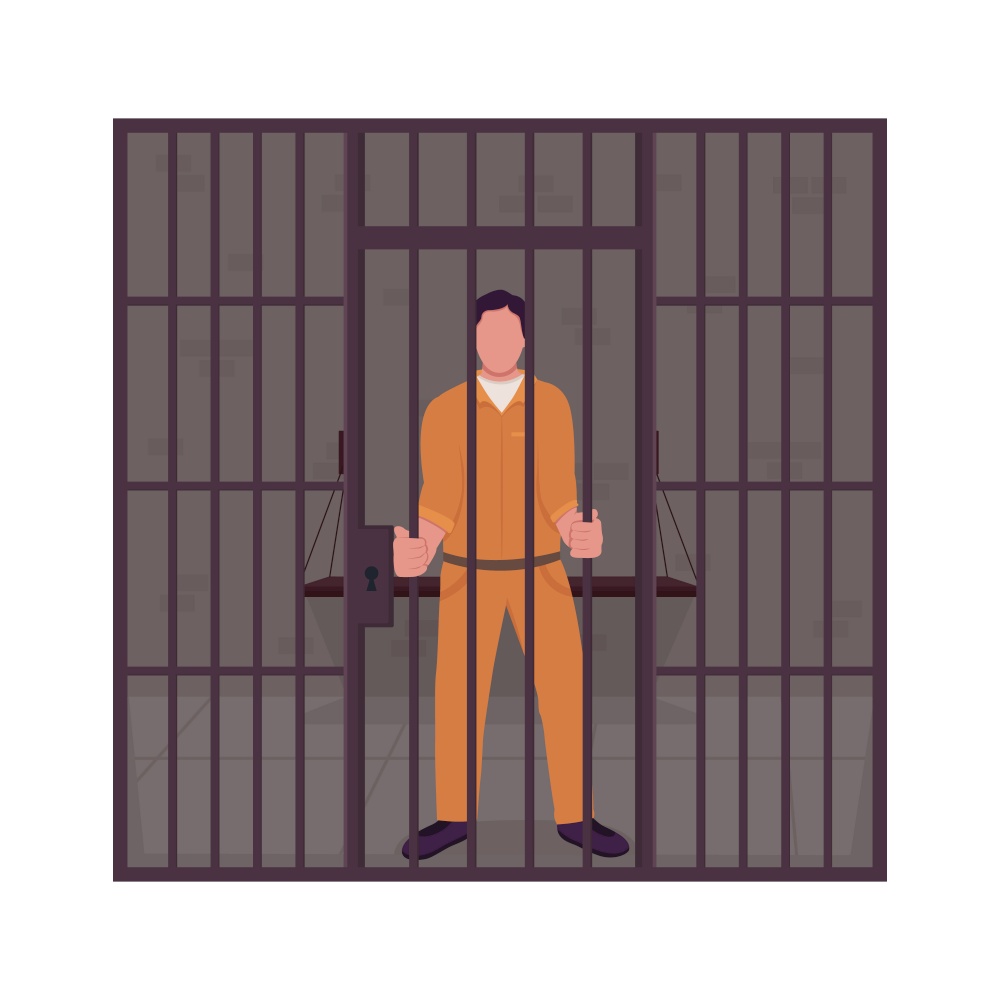 Male prisoner in jail semi flat color vector character. Full body person on white. Convict person behind bars isolated modern cartoon style illustration for graphic design and animation. Male prisoner in jail semi flat color vector character
