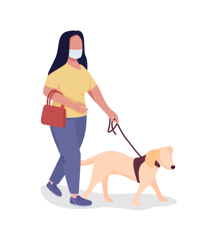 Walking dog during pandemic semi flat color vector character. Full body person on white. Pet owner wearing face mask isolated modern cartoon style illustration for graphic design and animation. Walking dog during pandemic semi flat color vector character