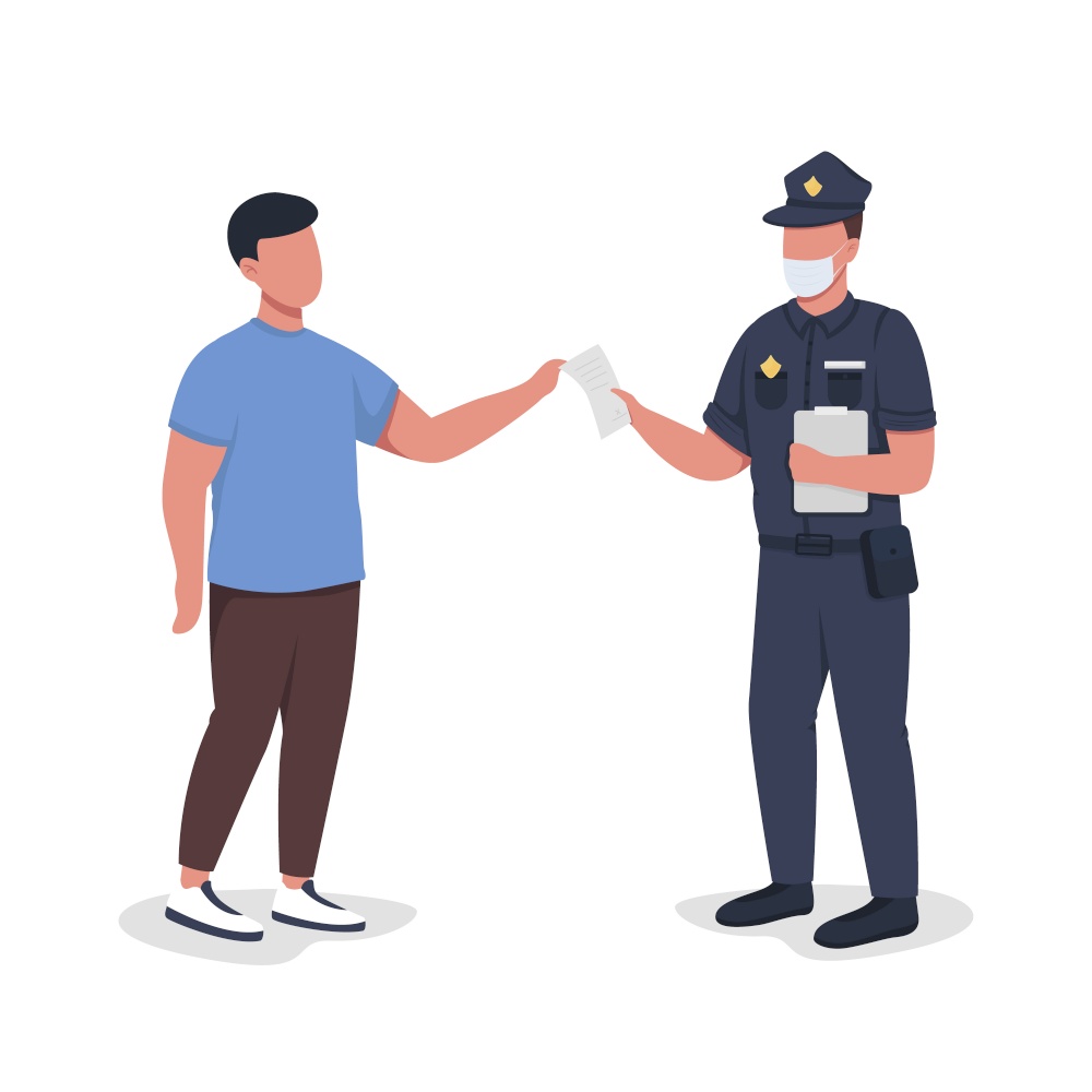 Police officer hands over paper to witness semi flat color vector characters. Full body people on white. Formal procedure isolated modern cartoon style illustration for graphic design and animation. Police officer hands over paper to witness semi flat color vector characters