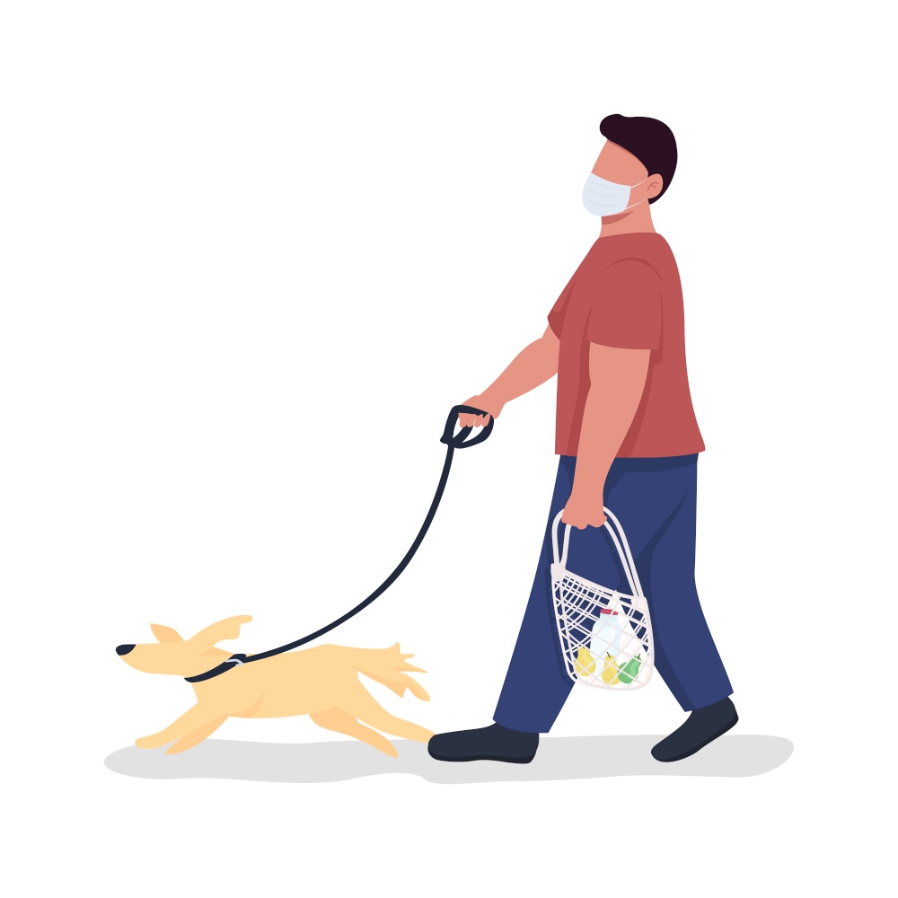 Pet owner with dog on leash semi flat color vector character. Full body person on white. Animal keeper in medical mask isolated modern cartoon style illustration for graphic design and animation. Pet owner with dog on leash semi flat color vector character