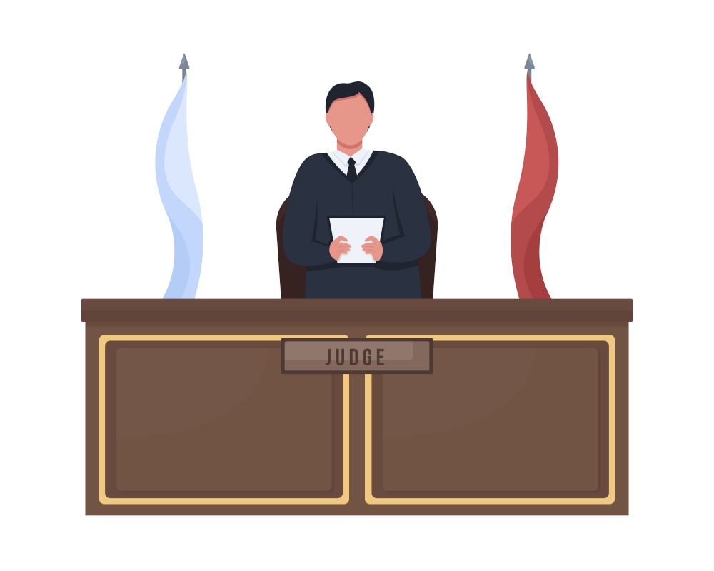 Male judge standing behind podium semi flat color vector character. Full body person on white. Judging process in courtroom isolated modern cartoon style illustration for graphic design and animation. Male judge standing behind podium semi flat color vector character
