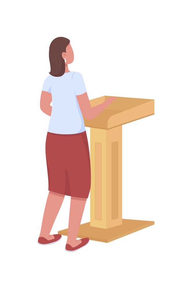 Female speaker behind podium semi flat color vector character. Full body person on white. Speaking to audience isolated modern cartoon style illustration for graphic design and animation. Female speaker behind podium semi flat color vector character