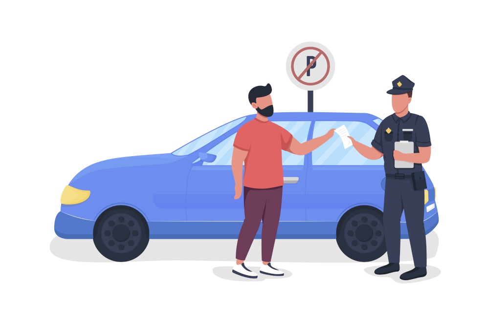 Policeman giving parking fine semi flat color vector characters. Full body people on white. Parking enforcement officer isolated modern cartoon style illustration for graphic design and animation. Policeman giving parking fine semi flat color vector characters