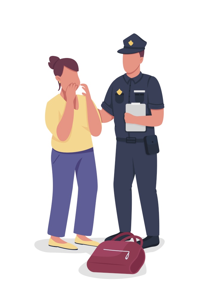 Policeman takes statement from victim semi flat color vector characters. Full body people on white. Gathering evidence isolated modern cartoon style illustration for graphic design and animation. Policeman takes statement from victim semi flat color vector characters