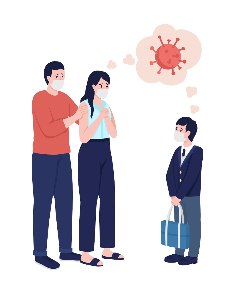 Worried parents see off their boy semi flat color vector character. Family figure. Full body people on white. After covid isolated modern cartoon style illustration for graphic design and animation. Worried parents see off their boy semi flat color vector character