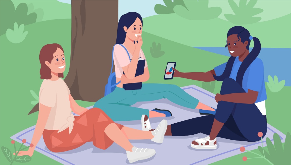 Friends on picnic flat color vector illustration. Students hanging out outdoors in spring. Teenager having fun outside. Happy teenage girls 2D cartoon characters with landscape on background. Friends on picnic flat color vector illustration