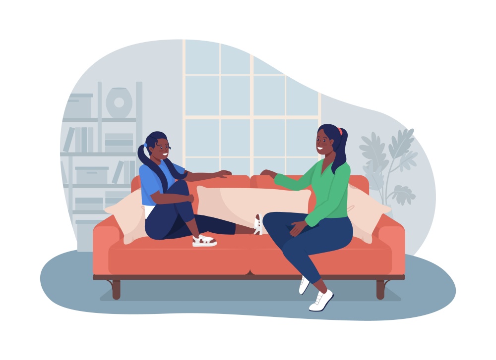Teenager talk with mom 2D vector isolated illustration. Leisure at home. Daughter speaking with mother flat characters on cartoon background. Girl sit with parent on couch colourful scene. Teenager talk with mom 2D vector isolated illustration
