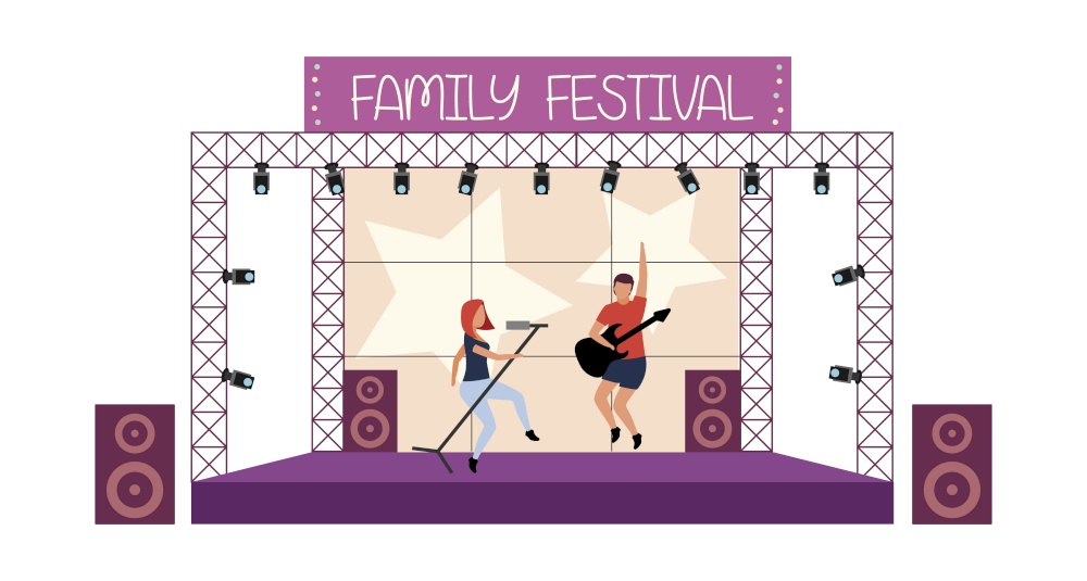 Family music festival flat concept vector illustration. Youngsters with musical instruments isolated 2D cartoon characters on white for web design. Summerfest for families with children creative idea. Family music festival flat concept vector illustration