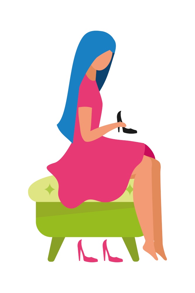 Woman trying on high-heeled shoes semi flat color vector character. Full body person on white. Visit to fashion boutique isolated modern cartoon style illustration for graphic design and animation. Woman trying on high-heeled shoes semi flat color vector character