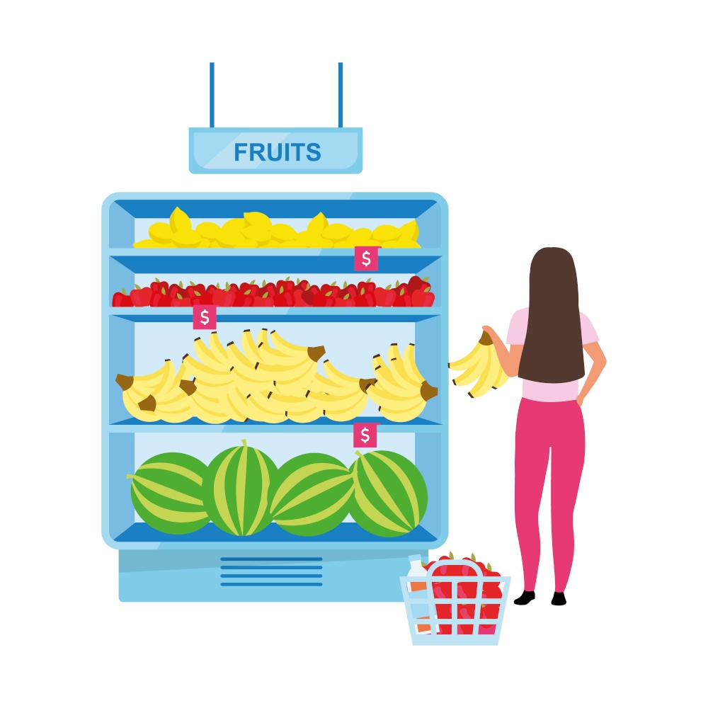 Woman buying fruits at grocery store semi flat color vector character. Full body person on white. Girl purchasing bananas isolated modern cartoon style illustration for graphic design and animation. Woman buying fruits at grocery store semi flat color vector character