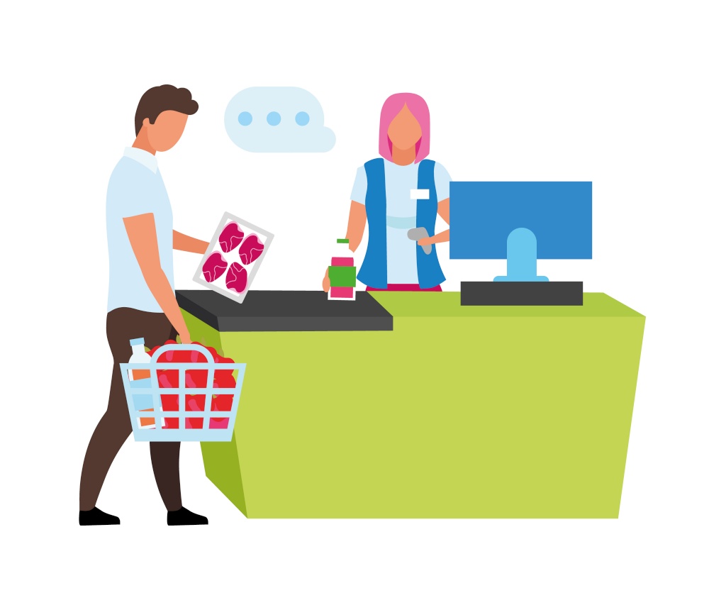 Cashier scanning customer products semi flat color vector characters. Full body people on white. Grocery store checkout area isolated modern cartoon style illustration for graphic design and animation. Cashier scanning customer products semi flat color vector characters