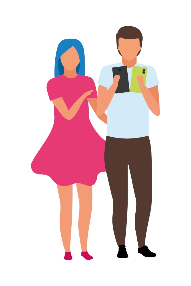 Young couple choosing phone model semi flat color vector characters. Full body people on white. Girl asking about gadgets isolated modern cartoon style illustration for graphic design and animation. Young couple choosing phone model semi flat color vector characters
