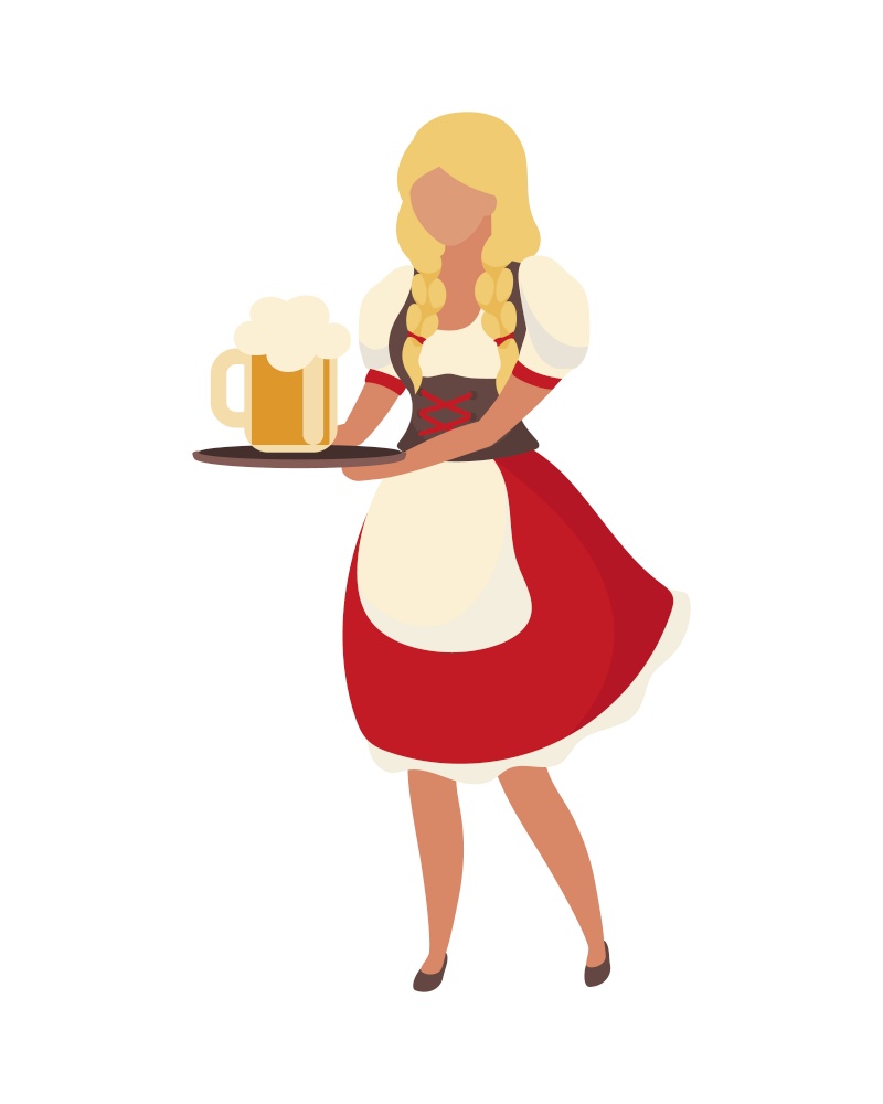 Oktoberfest girl carrying beer semi flat color vector character. Full body person on white. Wearing traditional dirndl dress isolated modern cartoon style illustration for graphic design and animation. Oktoberfest girl carrying beer semi flat color vector character