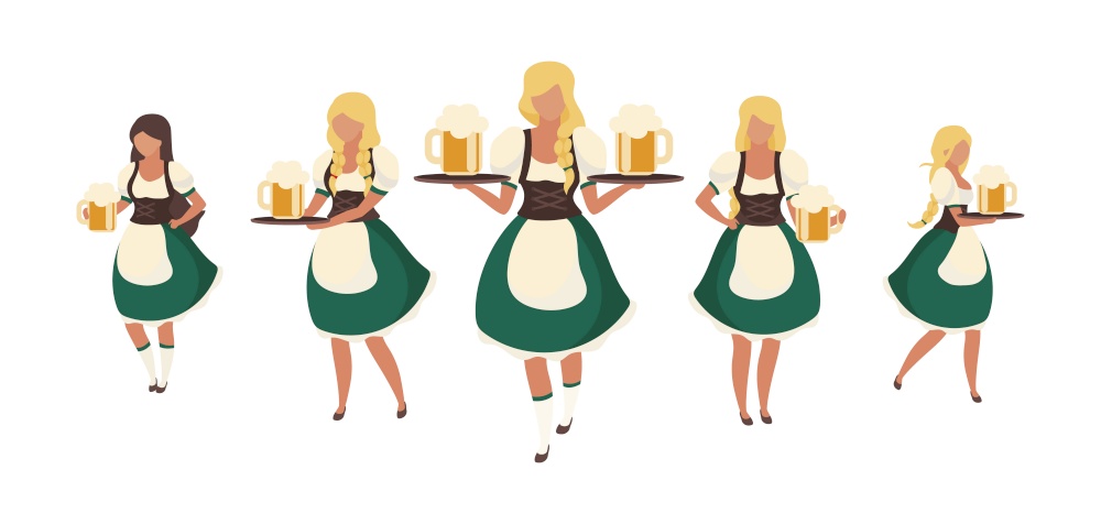 Beer maids at Octoberfest semi flat color vector characters. Full body people on white. German girls in dirndls isolated modern cartoon style illustration for graphic design and animation. Beer maids at Octoberfest semi flat color vector characters