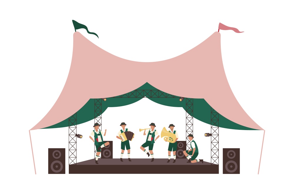Open-air Oktoberfest concert flat concept vector illustration. Dancing musicians in lederhosen isolated 2D cartoon characters on white for web design. Traditional Bavarian music playing creative idea. Open-air Oktoberfest concert flat concept vector illustration