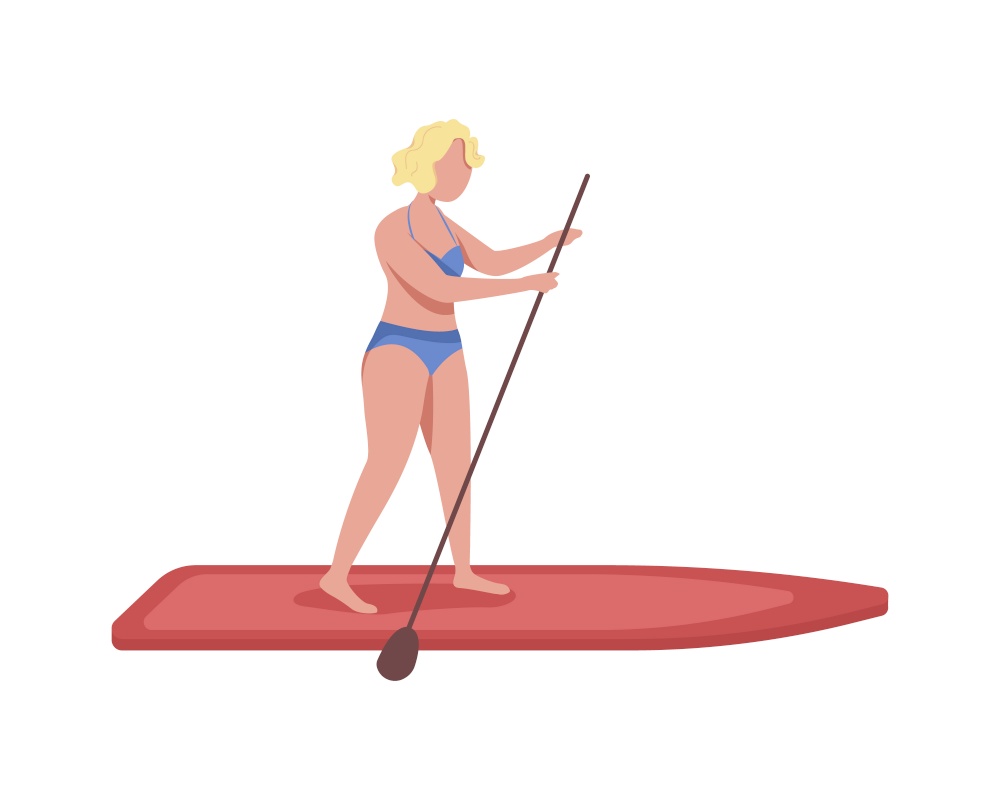 Female standing up with SUP paddle semi flat color vector character. Full body person on white. Recreation activity isolated modern cartoon style illustration for graphic design and animation. Female standing up with SUP paddle semi flat color vector character
