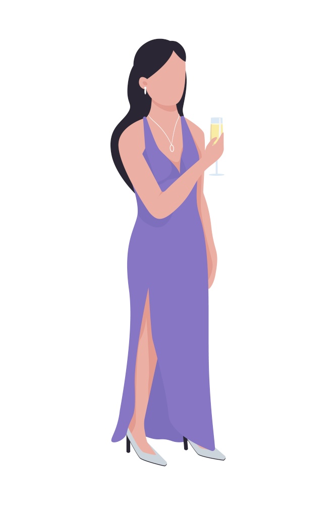 Pretty woman drinking wine semi flat color vector character. Full body person on white. Lady in purple evening gown isolated modern cartoon style illustration for graphic design and animation. Pretty woman drinking wine semi flat color vector character