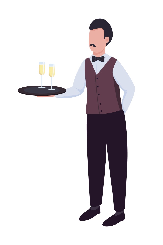 Waiter with sparkling wine on tray semi flat color vector character. Full body person on white. Wedding reception isolated modern cartoon style illustration for graphic design and animation. Waiter with sparkling wine on tray semi flat color vector character