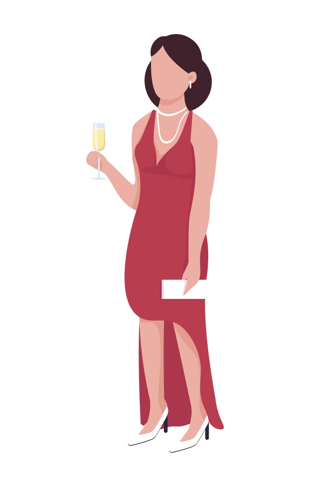 Pretty woman with sparkling wine glass semi flat color vector character. Full body person on white. Cocktail party isolated modern cartoon style illustration for graphic design and animation. Pretty woman with sparkling wine glass semi flat color vector character