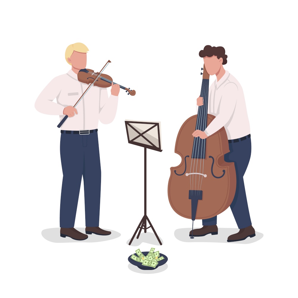 Violinist and cello player performance semi flat color vector characters. Full body people on white. Street musicians isolated modern cartoon style illustration for graphic design and animation. Violinist and cello player performance semi flat color vector characters