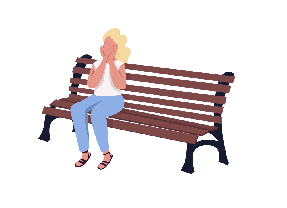 Pleased girl sitting on bench semi flat color vector character. Full body person on white. Park visitor relaxing isolated modern cartoon style illustration for graphic design and animation. Pleased girl sitting on bench semi flat color vector character