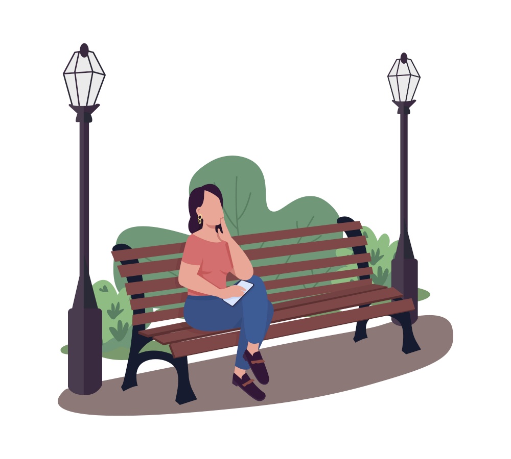 Woman sitting on bench in park semi flat color vector character. Full body person on white. Spending time outside isolated modern cartoon style illustration for graphic design and animation. Woman sitting on bench in park semi flat color vector character