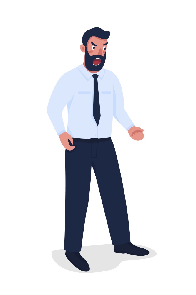 Angry bearded man in suit semi flat color vector character. Standing figure. Full body person on white. Shouting employee isolated modern cartoon style illustration for graphic design and animation. Angry bearded man in suit semi flat color vector character